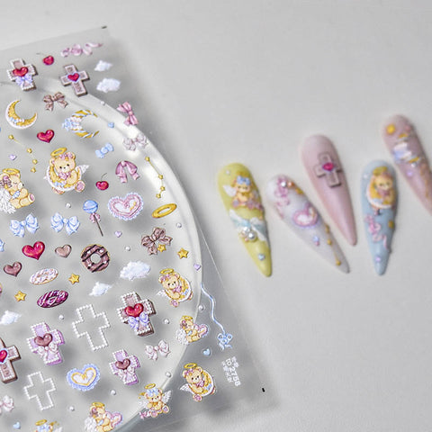 Bear Angel Nail Stickers, Angle And Cross Nail Sticker, Kawaii Angel Nail Decals