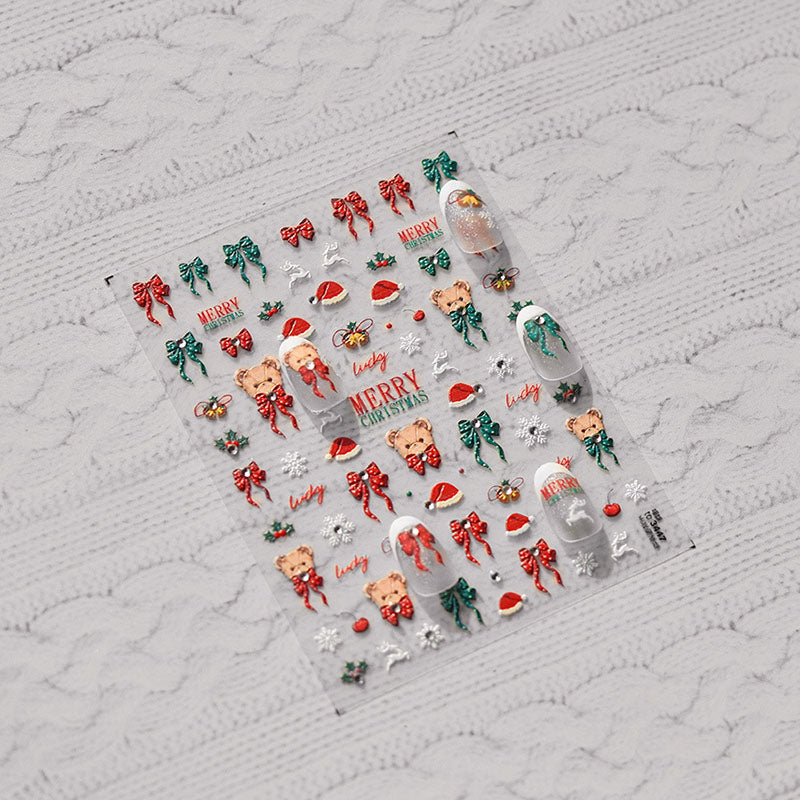 Christmas Bear Bowknot Nail Stickers, Cute Christmas Nail Stickers, Christmas Nail Decals, Christmas Nail Charms