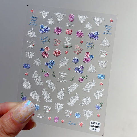 Flower And Diamond Nail Stickers, Flower Nail Decals, Dainty Nail Decals, Nail Designer Art, DIY Nails, 5D Nails