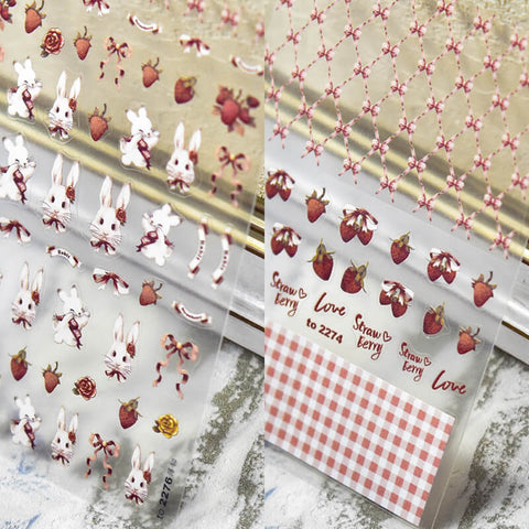 3d cute bunny and grid nail decal sticker