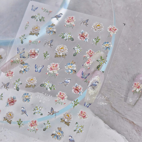 Aesthetic Flower Nail Stickers with Butterfly and Crystal or Pearl Charm