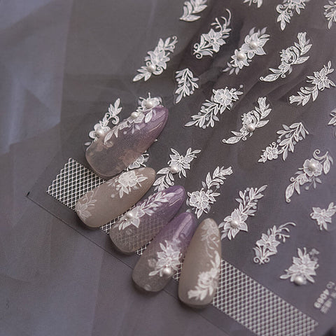 whtie flower nail stickers with pearls
