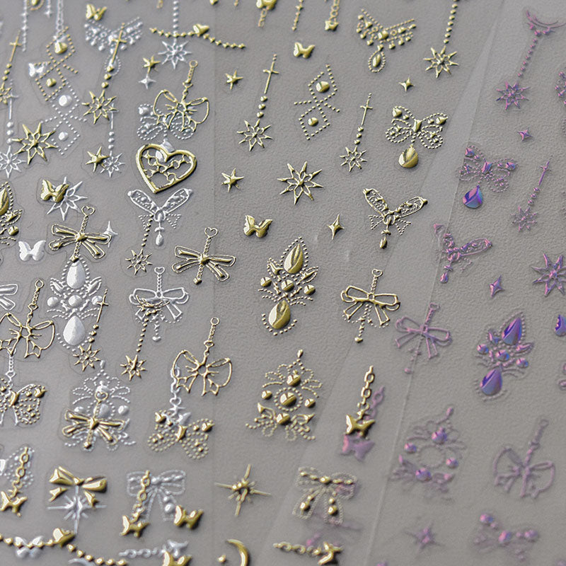 Gold&Silver Nail Stickers, Bowknot & Butterfly Pattern Nail Stickers, Gold Nail Decals, DIY Nails, Aesthetic Nail Stickers