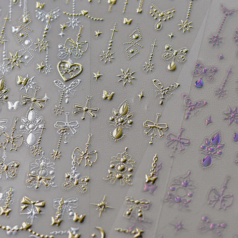 Gold&Silver Nail Stickers, Bowknot & Butterfly Pattern Nail Stickers, Gold Nail Decals, DIY Nails, Aesthetic Nail Stickers