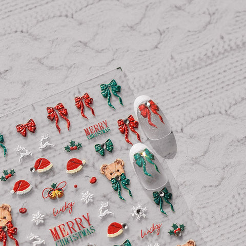 Christmas Bear Bowknot Nail Stickers, Cute Christmas Nail Stickers, Christmas Nail Decals, Christmas Nail Charms