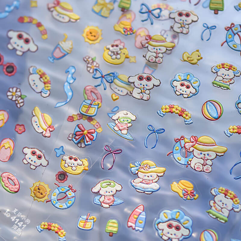 embossed summer dog nail stickers, cute summer nail decals