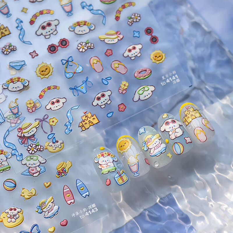 cute puppy on vacation nail stickers, summer nail decals