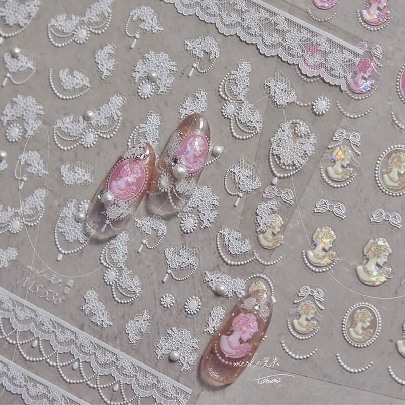 Detailed close-up of Dainty Flower Pattern Nail Stickers, showcasing delicate lace pattern with pearls 