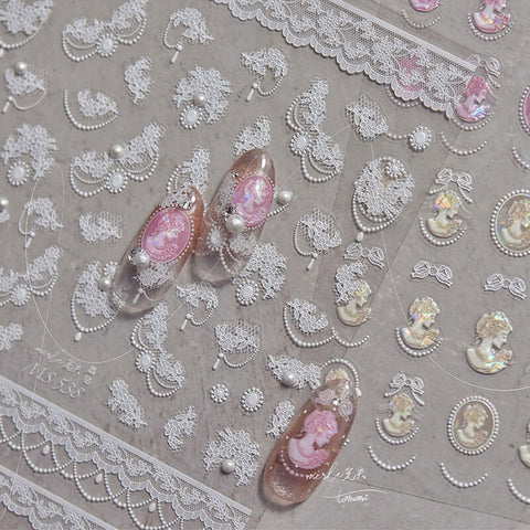 Detailed close-up of Dainty Flower Pattern Nail Stickers, showcasing delicate lace pattern with pearls 