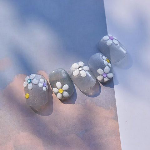 White Flower Nail Stickers with Crystals - High-quality adhesive vinyl