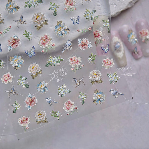 Aesthetic Flower Nail Stickers with Butterfly and Crystal or Pearl Charm