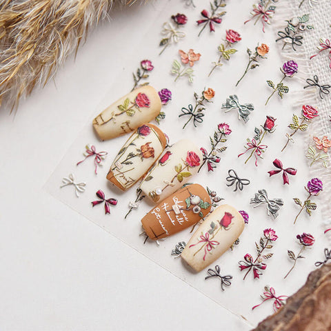 Rose Nail Stickers, Flower Nail Art Stickers, Flower Nail Decals, Aesthetic Nail Art, Rose Stickers, Flower Nail Design, Floral Manicure