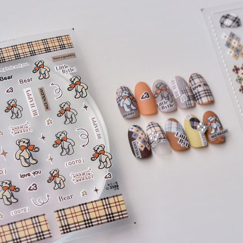 cute bear plaid nail sticker, nail design