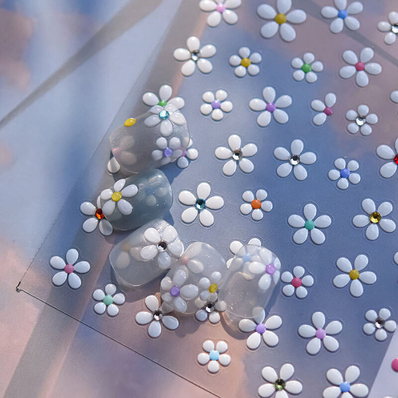 White Flower Nail Stickers with Crystals - Elegant design with sparkling crystals