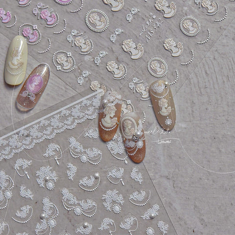 Nails beautifully decorated with Dainty Flower Pattern Nail Stickers, featuring elegant floral lace design with pearls 