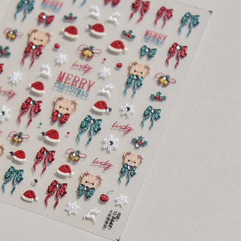 Christmas Bear Bowknot Nail Stickers, Cute Christmas Nail Stickers, Christmas Nail Decals, Christmas Nail Charms