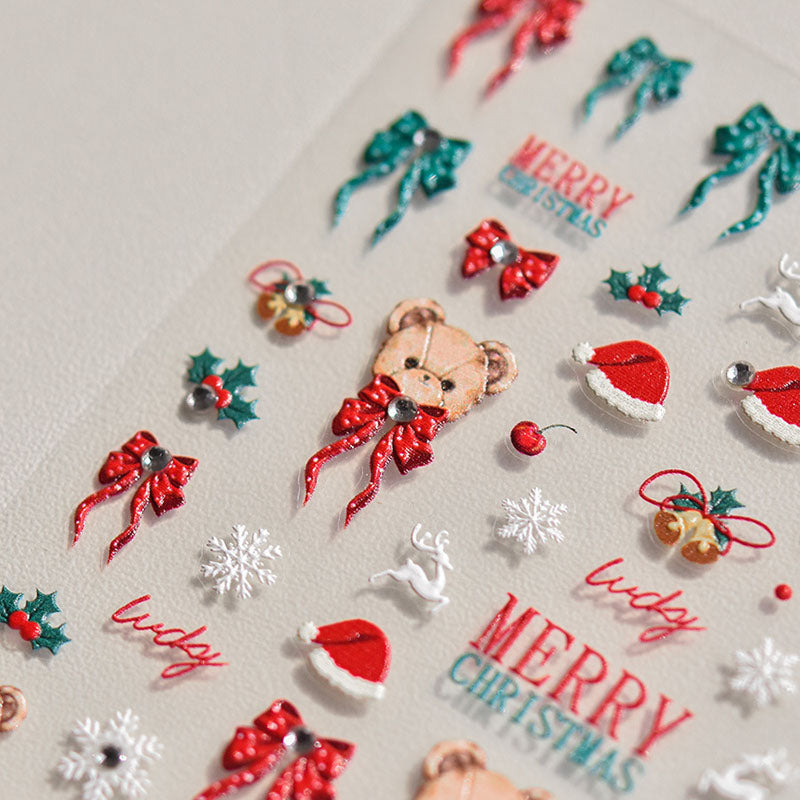 Christmas Bear Bowknot Nail Stickers, Cute Christmas Nail Stickers, Christmas Nail Decals, Christmas Nail Charms