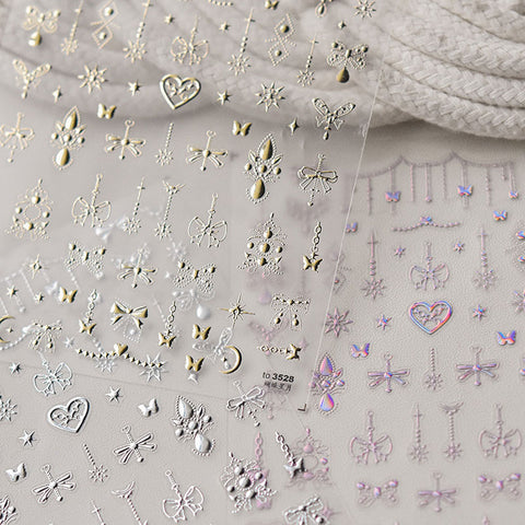 Gold&Silver Nail Stickers, Bowknot & Butterfly Pattern Nail Stickers, Gold Nail Decals, DIY Nails, Aesthetic Nail Stickers