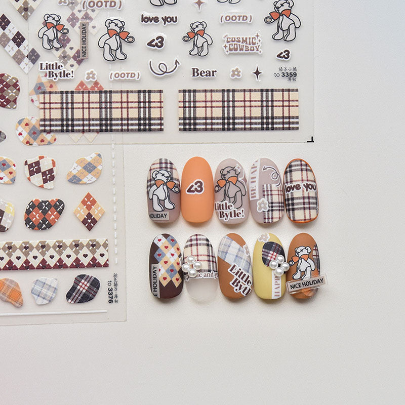 Gingham and Bear nail sticker, nail design