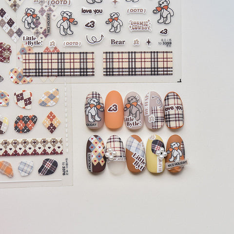 Gingham and Bear nail sticker, nail design