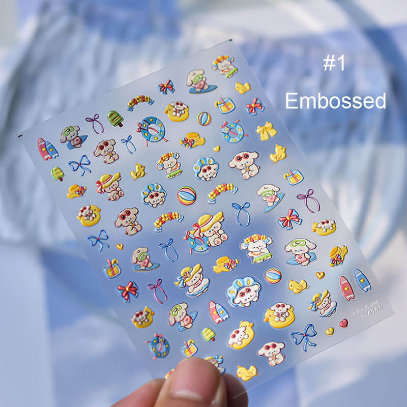 Nails decorated with Cute Dog on Vacation Nail Stickers, featuring Surf Puppy design
