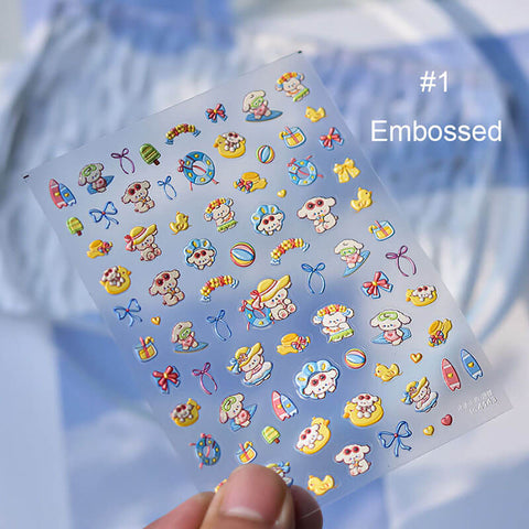 Nails decorated with Cute Dog on Vacation Nail Stickers, featuring Surf Puppy design