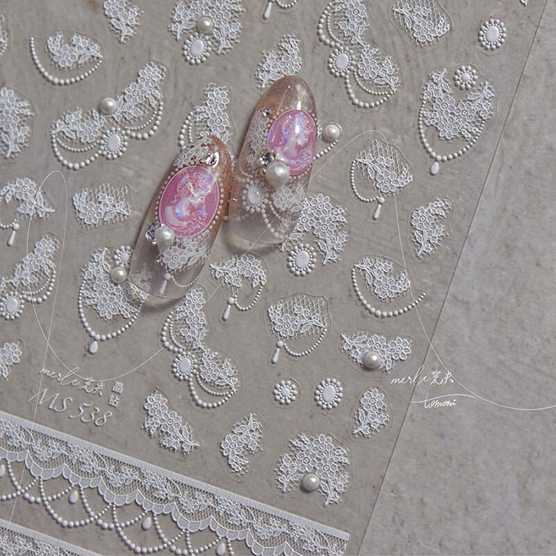 Dainty Flower Pattern Nail Sticker designs, offering various lace patterns with pearls