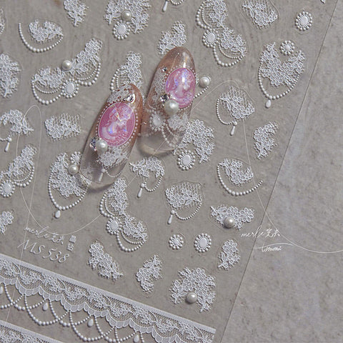 Dainty Flower Pattern Nail Sticker designs, offering various lace patterns with pearls