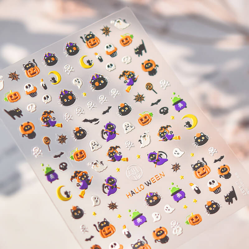 Halloween Cat And Pumpkin Nail Stickers-to4437