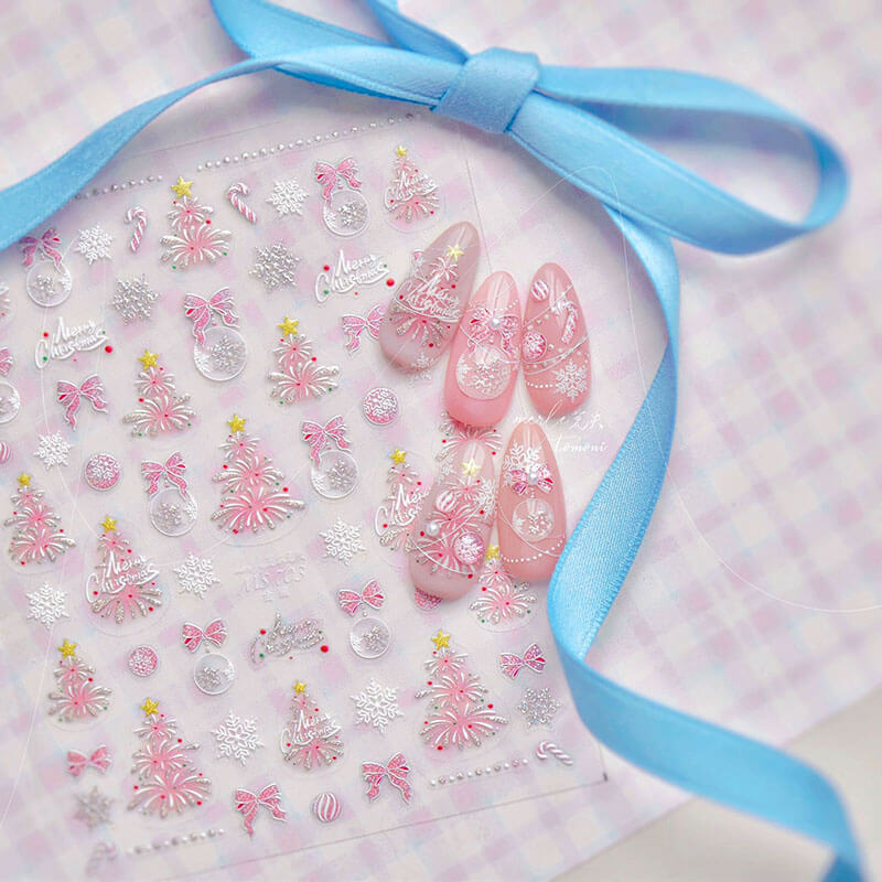 Pink Christmas Tree Nail Stickers, Christmas Nail Decals, Christmas Tree Nail Art, Aesthetic Stickers, Christmas Stickers, DIY Nails