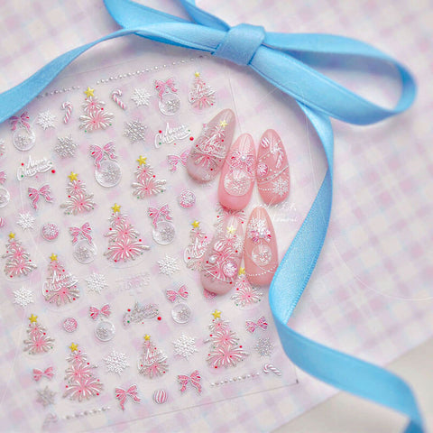 Pink Christmas Tree Nail Stickers, Christmas Nail Decals, Christmas Tree Nail Art, Aesthetic Stickers, Christmas Stickers, DIY Nails