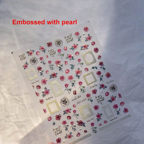 embossed flower nail sticker with pearl