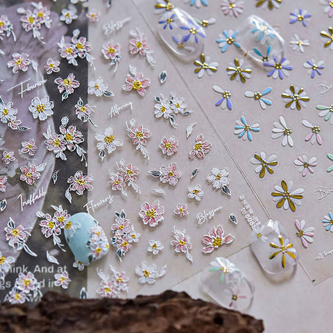 Flower Nail Stickers, Cosmos Nail Stickers, Flower Nail Decals, Embossed Flower Nail Stickers,  to5088