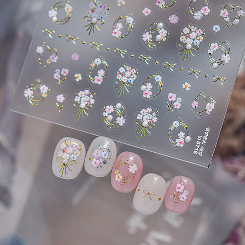 Flower Nail Stickers, Gold Frame And Flower Nail Sticker, Gold Florl Nail Decal, Flower Nails, to5716