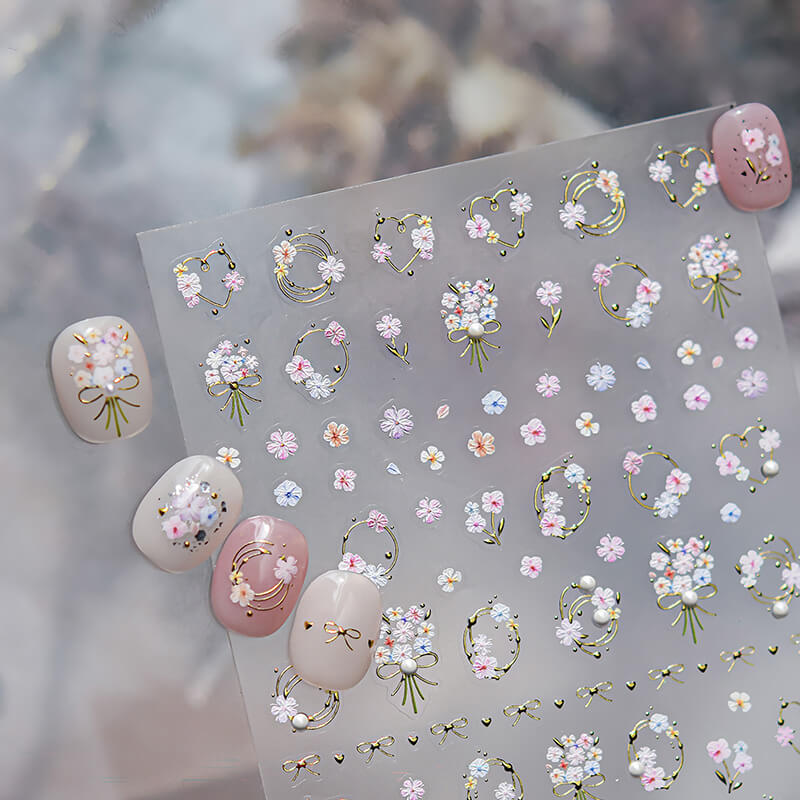 Flower Nail Stickers, Gold Frame And Flower Nail Sticker, Gold Florl Nail Decal, Flower Nails, to5716
