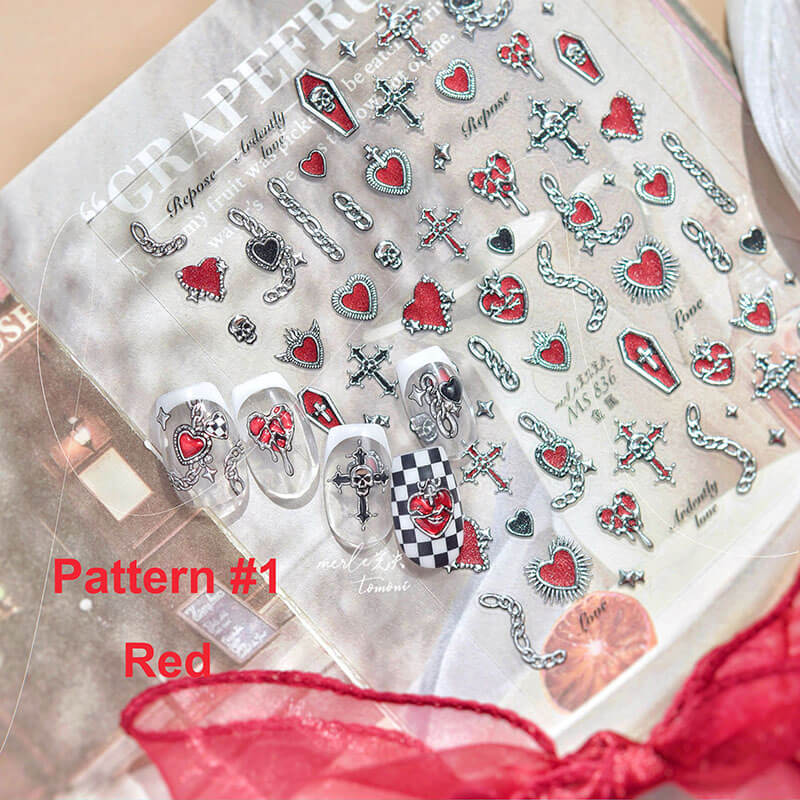 Heart And Silver Chain Nail Stickers, Red Heart Nail Stickers, Heart Nail Decals, Silver Nail Art, Cross Nail Stickers,  Nail Supplies