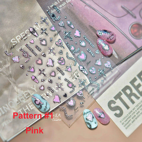 Heart And Silver Chain Nail Stickers, Red Heart Nail Stickers, Heart Nail Decals, Silver Nail Art, Cross Nail Stickers,  Nail Supplies