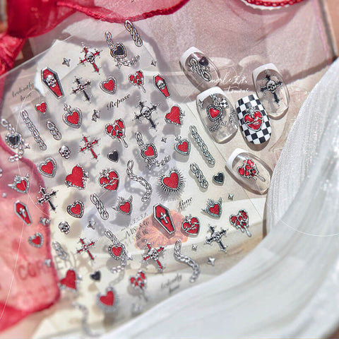 Heart And Silver Chain Nail Stickers, Red Heart Nail Stickers, Heart Nail Decals, Silver Nail Art, Cross Nail Stickers,  Nail Supplies