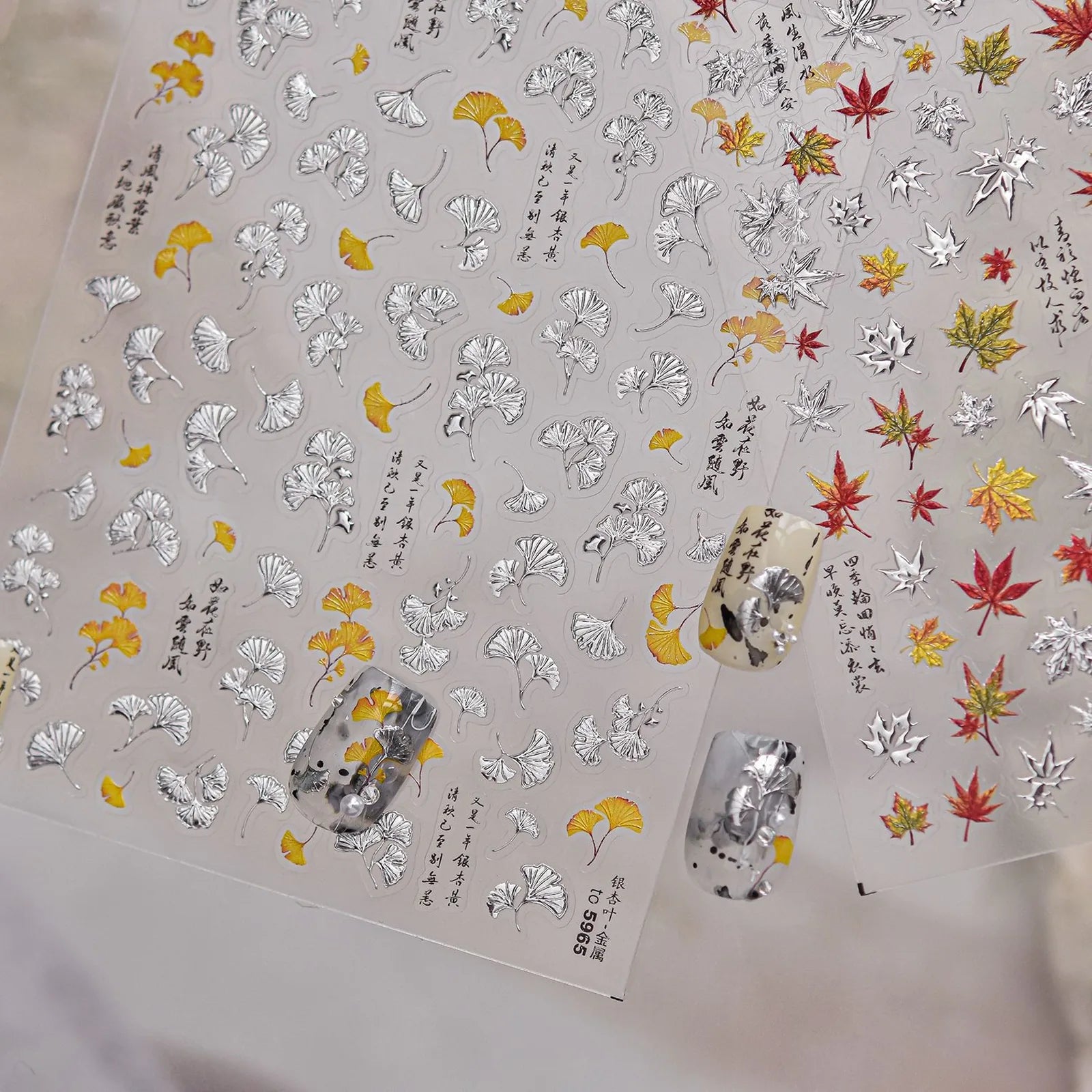Autumn Leaf Nail Stickers | Gold Silver Botanical Nail Art Decals - image 1