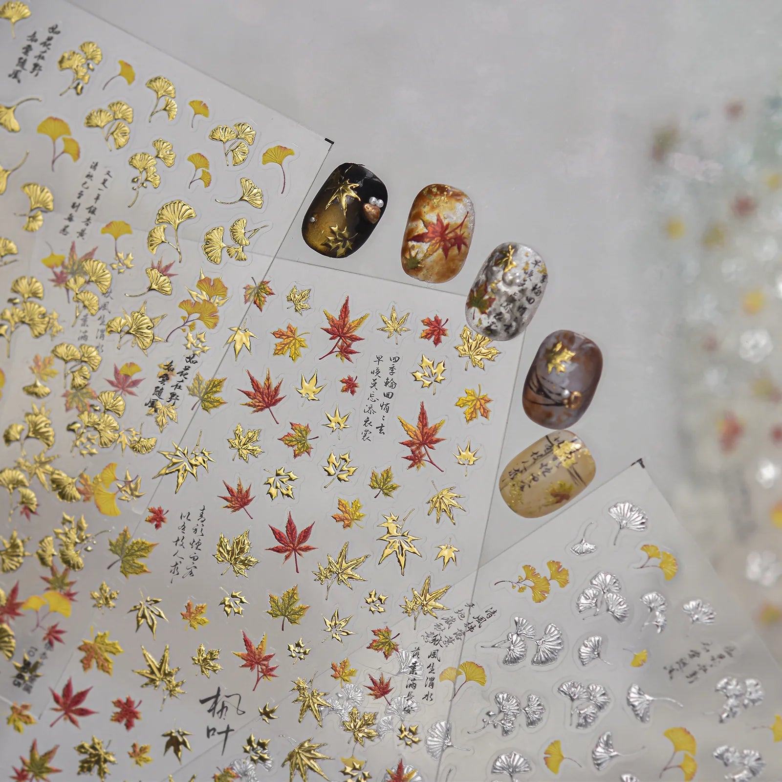 Autumn Leaf Nail Stickers | Gold Silver Botanical Nail Art Decals - image 2