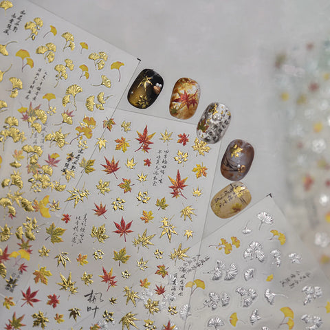 Autumn Leaf Nail Stickers | Gold Silver Botanical Nail Art Decals - image 2