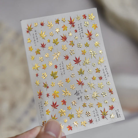 Autumn Leaf Nail Stickers | Gold Silver Botanical Nail Art Decals image