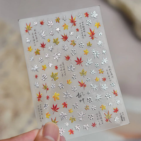 Autumn Leaf Nail Stickers | Gold Silver Botanical Nail Art Decals image