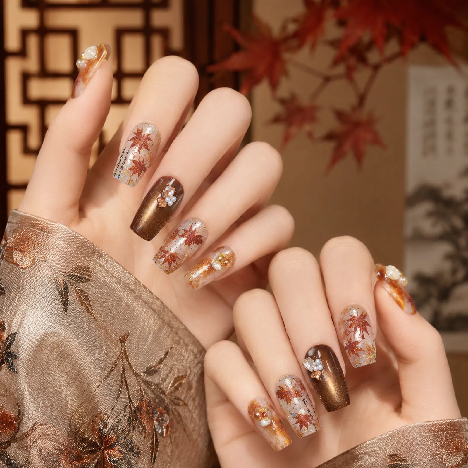 Autumn maple leaf nail stickers with metallic fall design - image 1