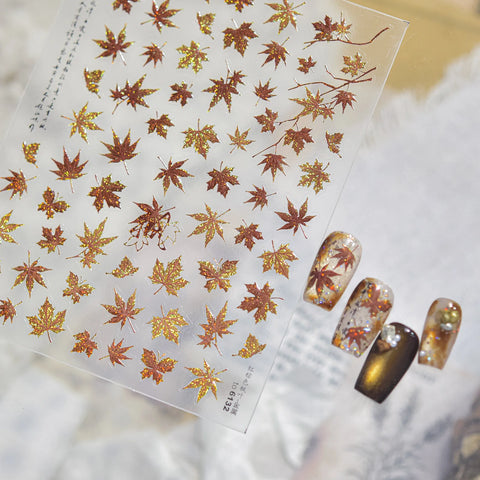 Autumn maple leaf nail stickers with metallic fall design - image 2