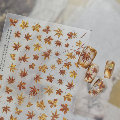 Autumn maple leaf nail stickers with metallic fall design - image 4