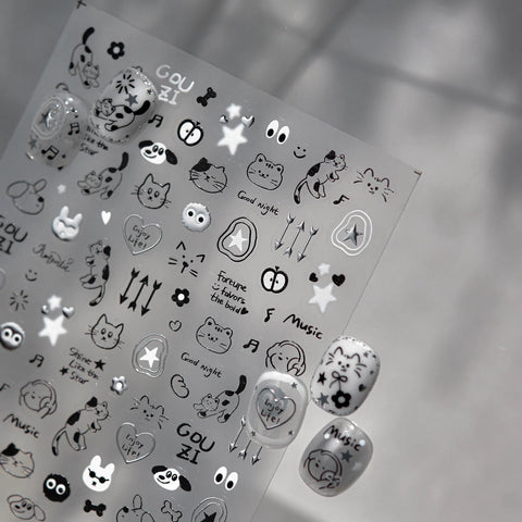 Black Cat Doodle Nail Stickers | Kawaii Grunge Nail Art Decals - image 4