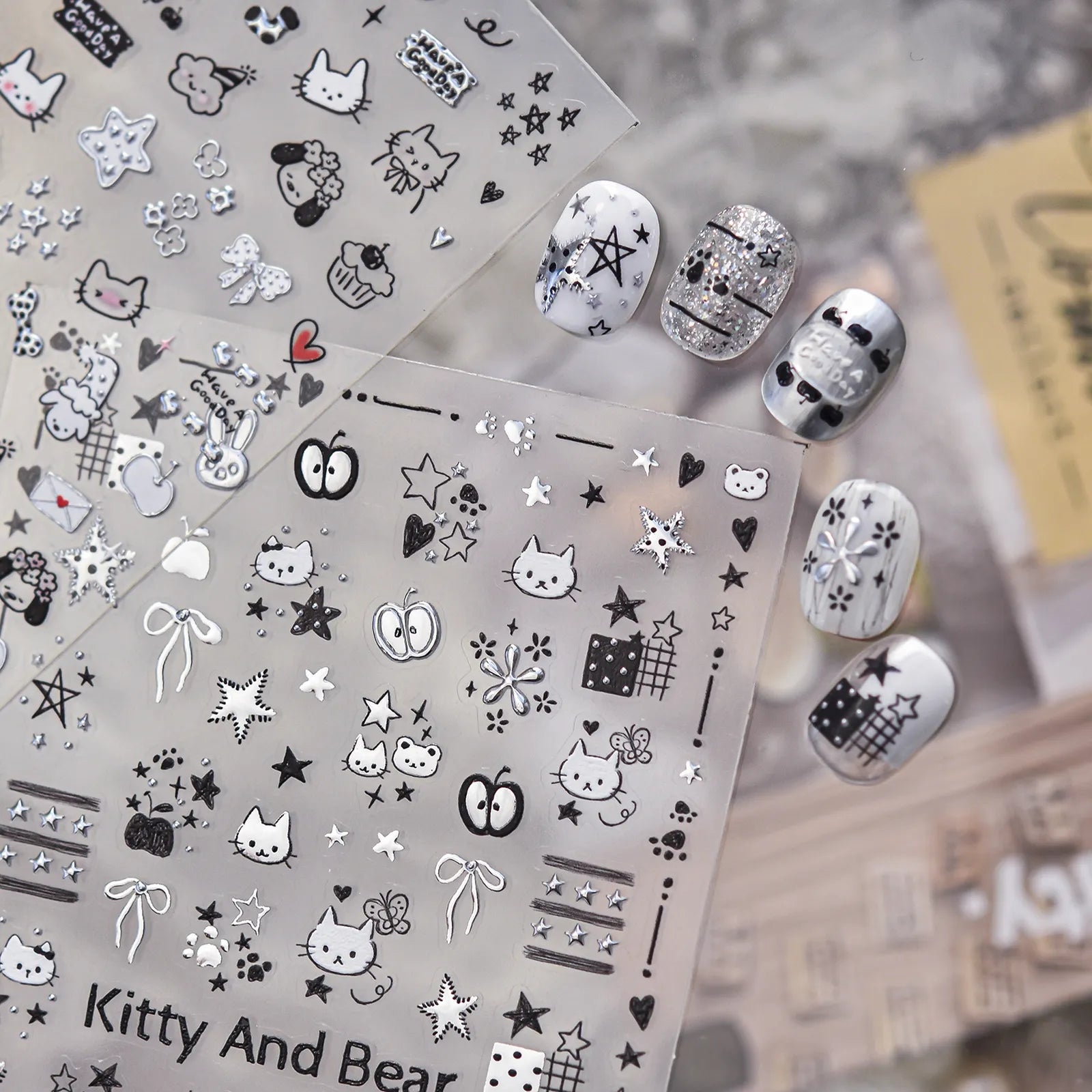 Black White Cat Nail Stickers - nail art product image 4