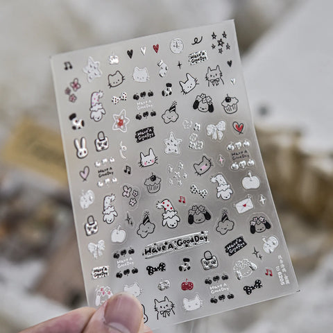 Black White Cat Nail Stickers | Cute Hand-Drawn Nail Art Decals image