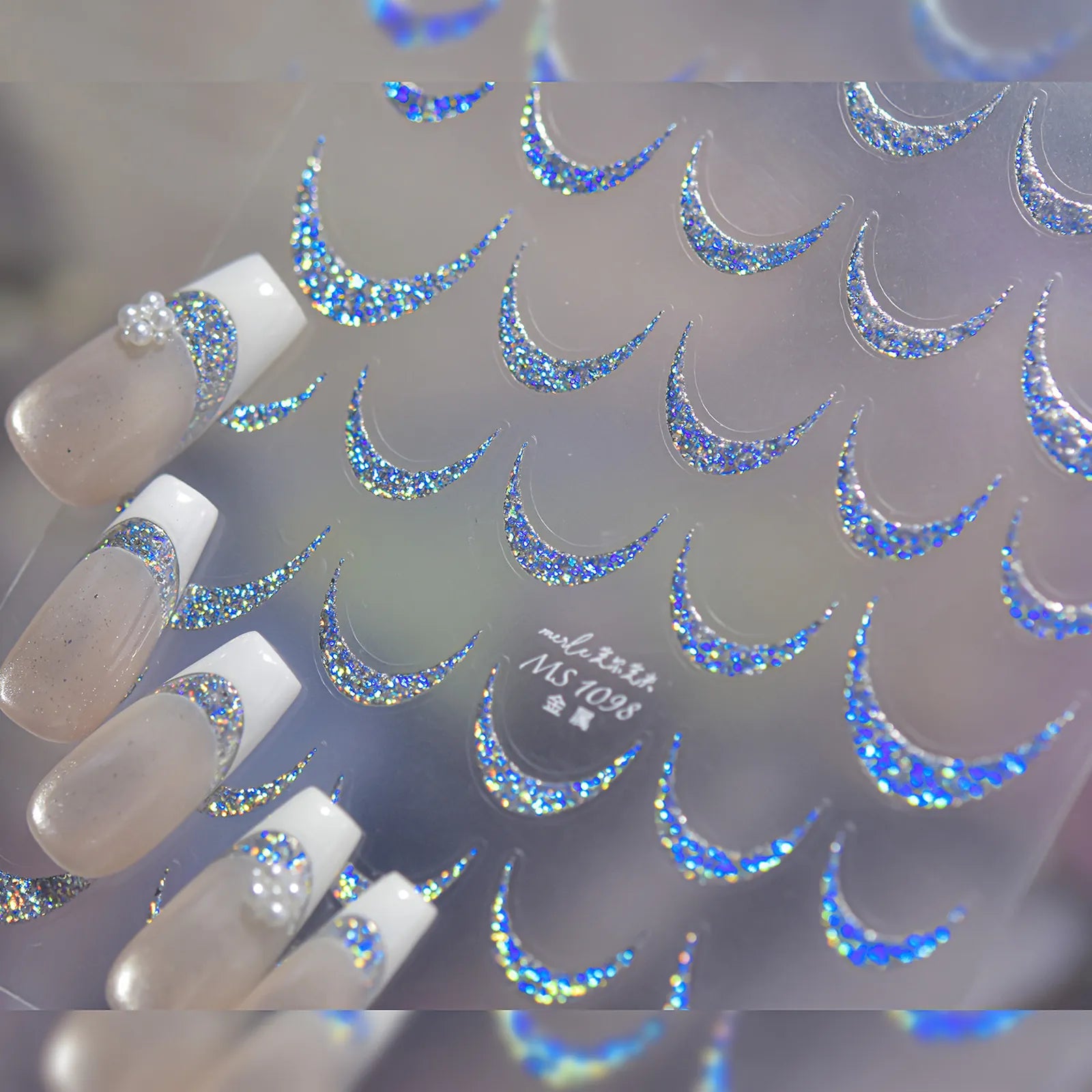 Blue Crescent Moon Nail Stickers | Metallic Celestial Nail Art Decals - image 3